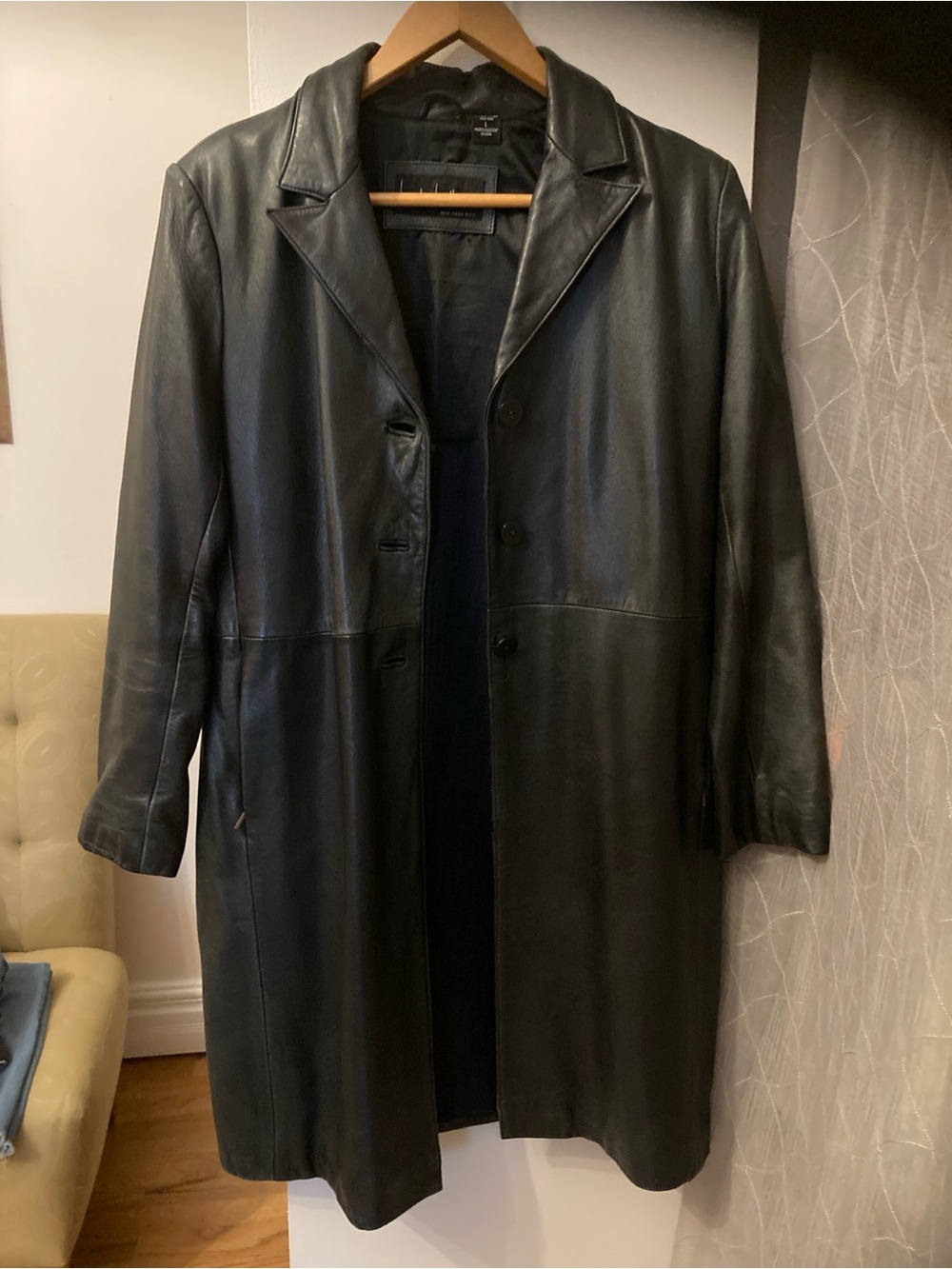 Nicole Miller Black Long Leather Button Coat